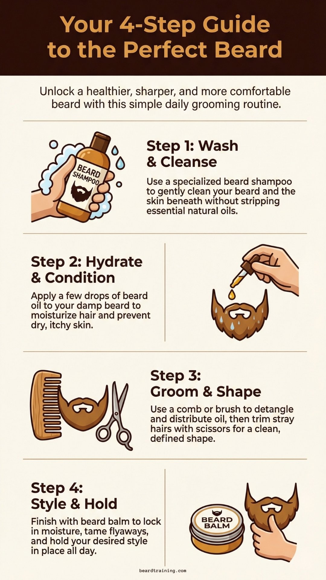Infographic illustrating a 4-step daily beard grooming routine, including washing with beard shampoo, hydrating with beard oil, grooming and shaping with a comb and scissors, and styling with beard balm for a healthy and well-defined beard.
