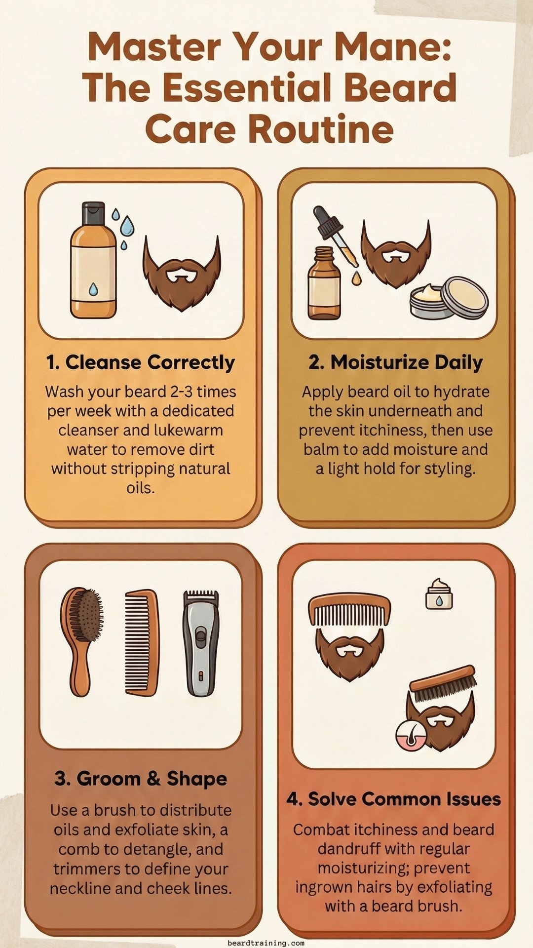 Infographic showing the essential beard care routine in four steps: cleanse correctly, moisturize daily, groom and shape with tools, and solve common beard problems like itchiness and dandruff through moisturizing and exfoliating.