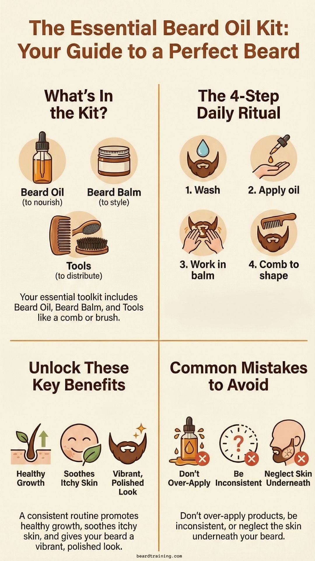 Infographic showing the essential beard oil kit, including beard oil, beard balm, and grooming tools, with a 4-step daily beard care ritual, key benefits, and common beard care mistakes to avoid for a healthy, polished beard.
