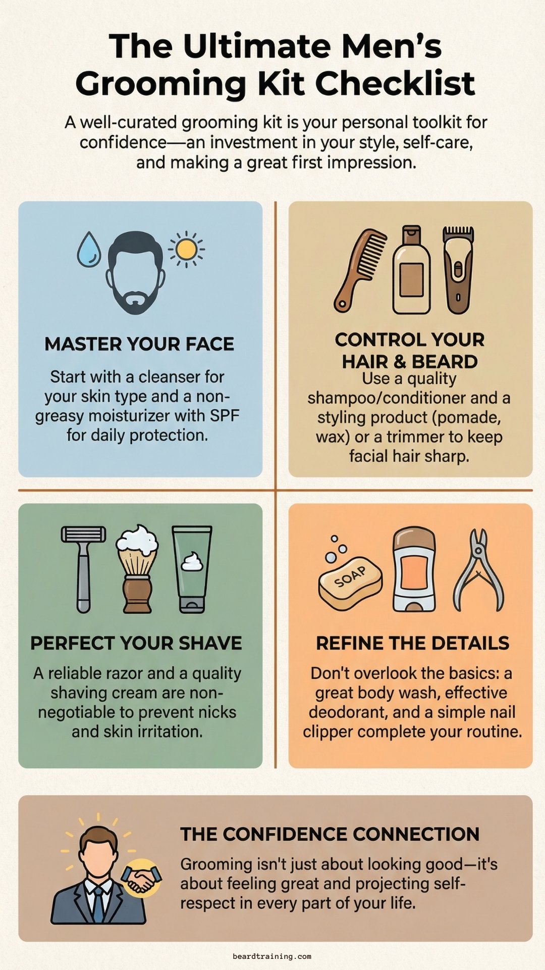 Infographic showing the ultimate men’s grooming kit checklist, including skincare, hair and beard care, shaving essentials, hygiene basics, and how grooming improves confidence and first impressions.