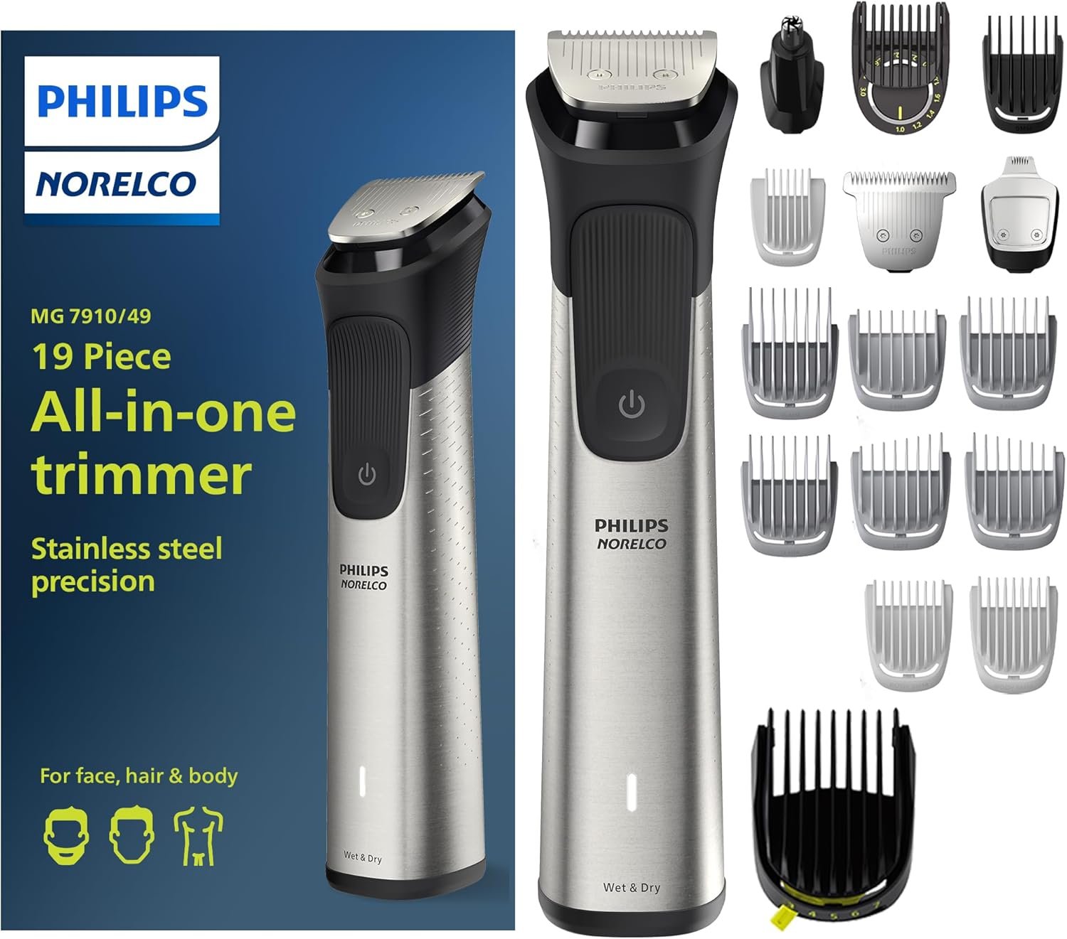 Philips Norelco Multigroom 7000 Series, All-in-One Trimmer, Beard Trimmer and Hair Clipper, 19-Piece Mens Grooming Kit for Beard, Head, Hair, Body, and Face, Soft Pouch, MG7910/49