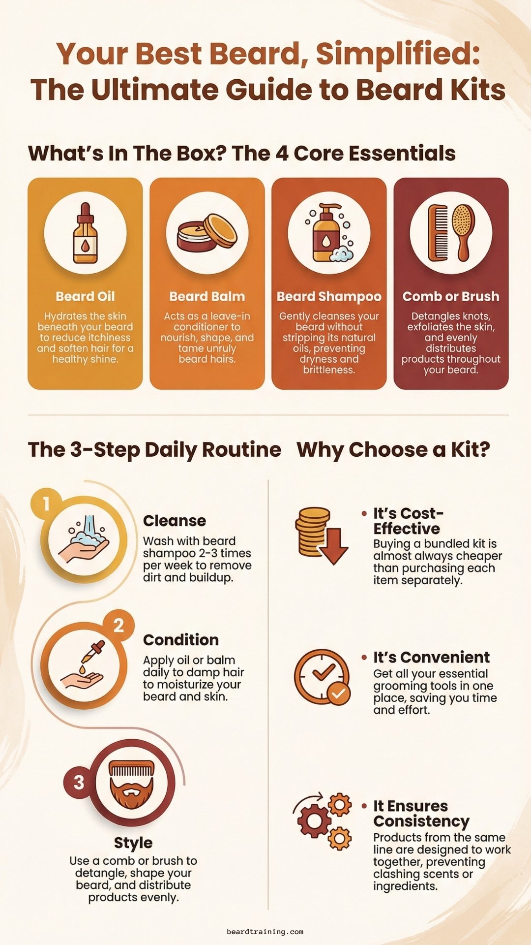 Infographic explaining the ultimate guide to beard kits, showing the four core essentials—beard oil, beard balm, beard shampoo, and comb or brush—plus a simple 3-step beard care routine and reasons why using a beard kit is cost-effective, convenient, and consistent.