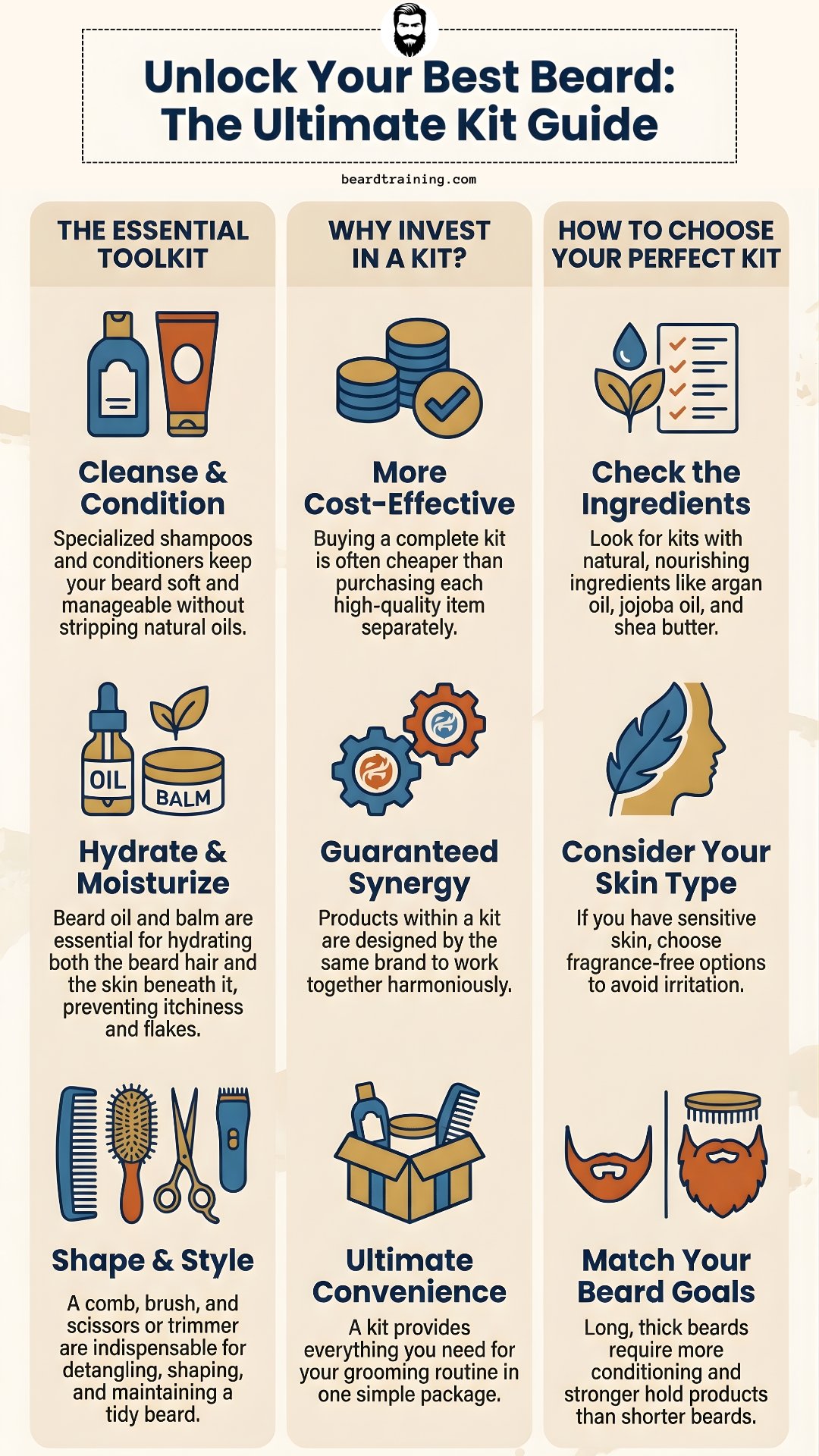 Infographic explaining the essential beard grooming kit, benefits of investing in a beard kit, and how to choose the perfect beard care kit based on ingredients, skin type, and beard goals.