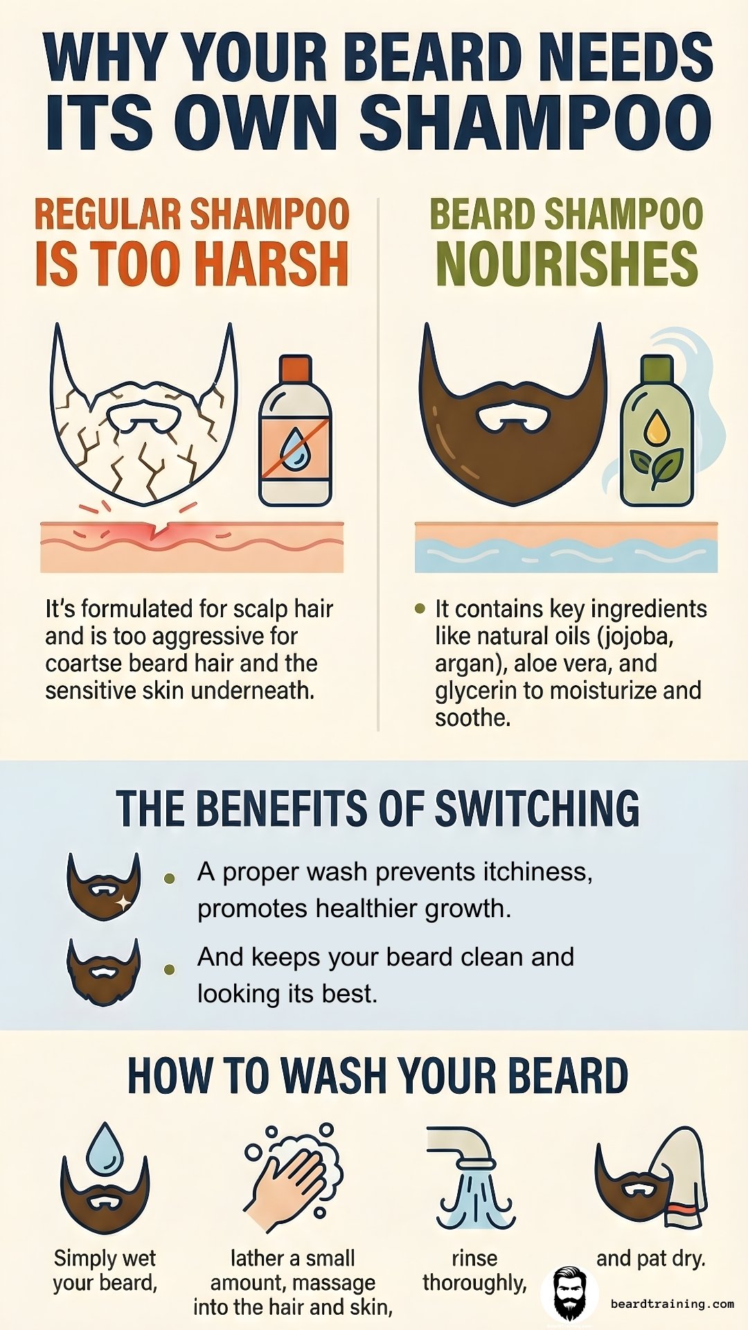 Infographic explaining why beard shampoo is better than regular shampoo, showing benefits for beard hair, sensitive skin, proper washing steps, and healthier beard growth.