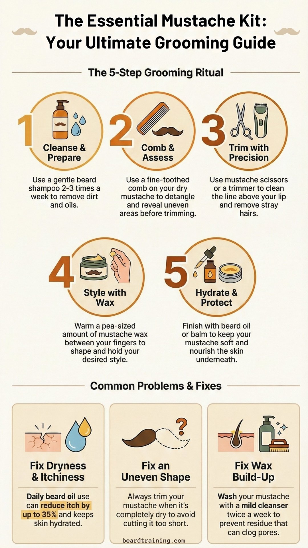 Essential mustache grooming kit infographic explaining a 5-step mustache care routine and solutions for dryness, uneven shape, and wax build-up.