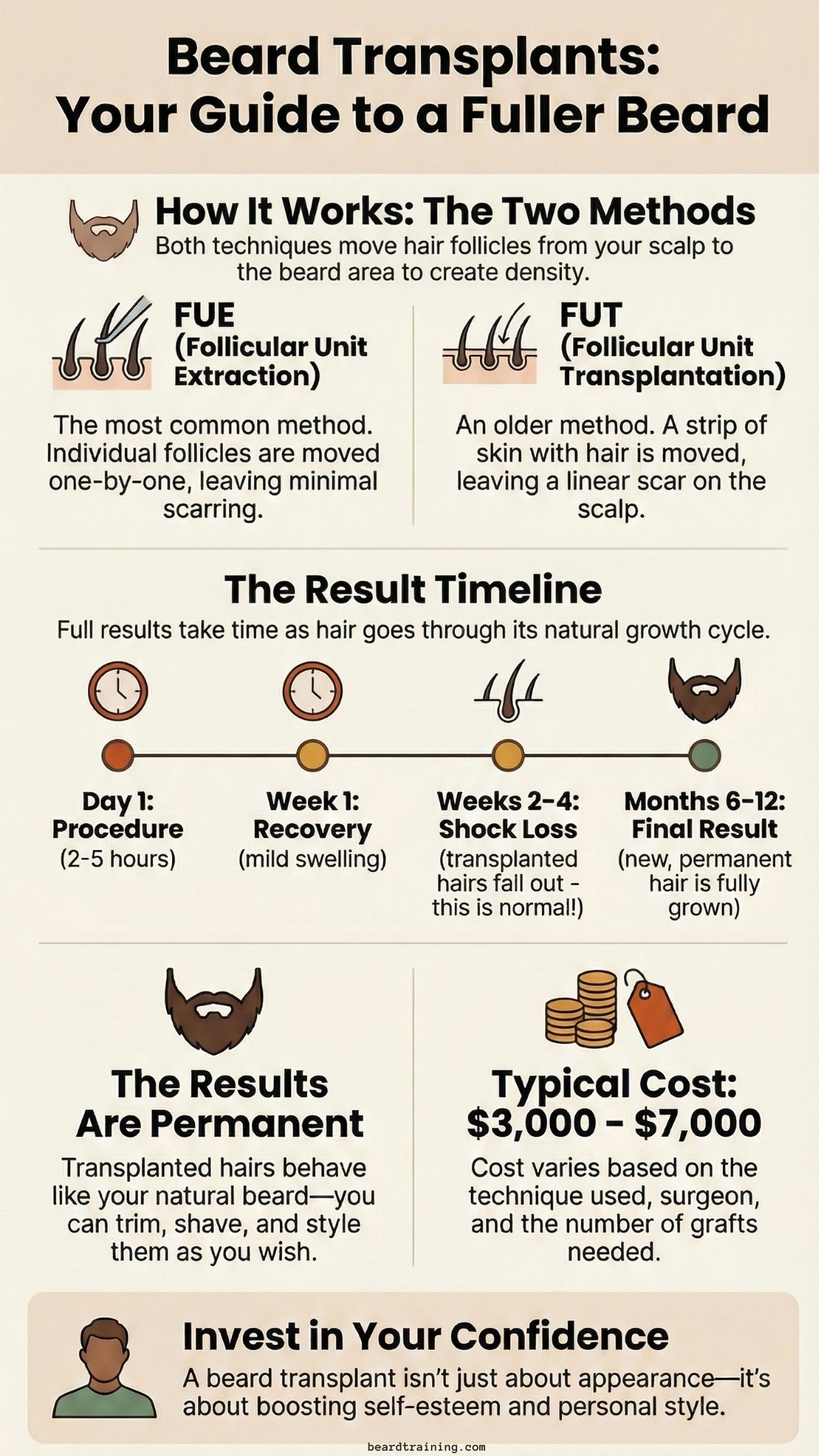 Beard transplant infographic explaining FUE and FUT techniques, recovery timeline, permanent results, costs, and confidence benefits for men seeking a fuller beard.