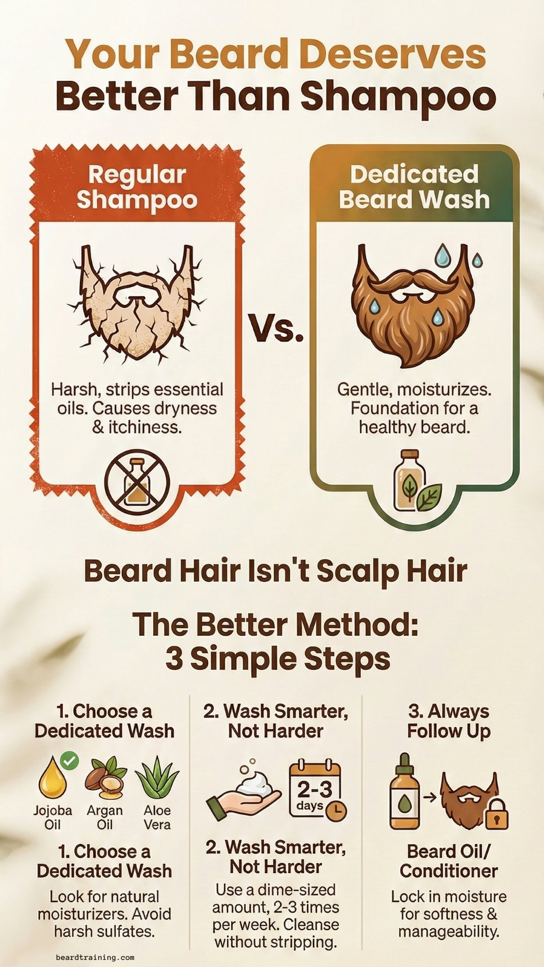 Infographic comparing regular shampoo vs dedicated beard wash, explaining why beard shampoo is better for preventing dryness, itchiness, and damage while promoting a healthier beard with moisturizing ingredients.