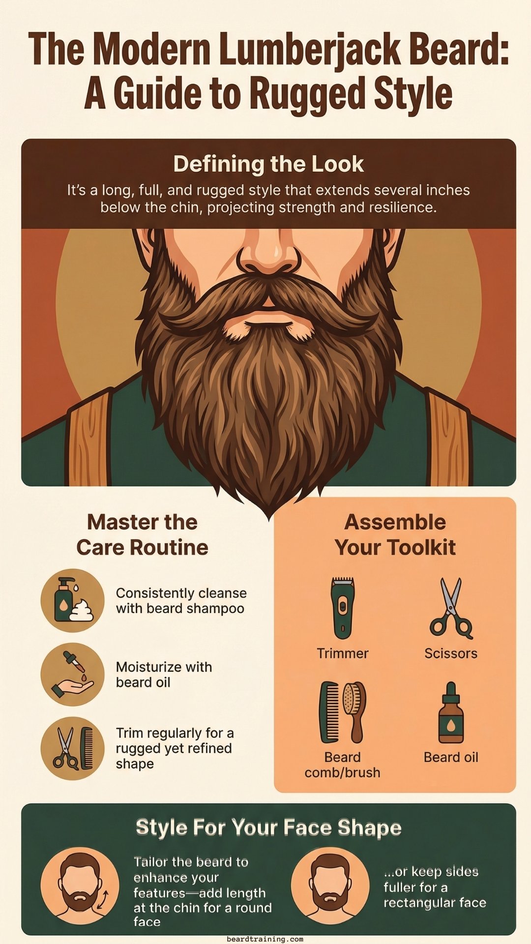 Modern Lumberjack Beard infographic showing how to style, care for, and maintain a rugged full beard with grooming tips and tools.