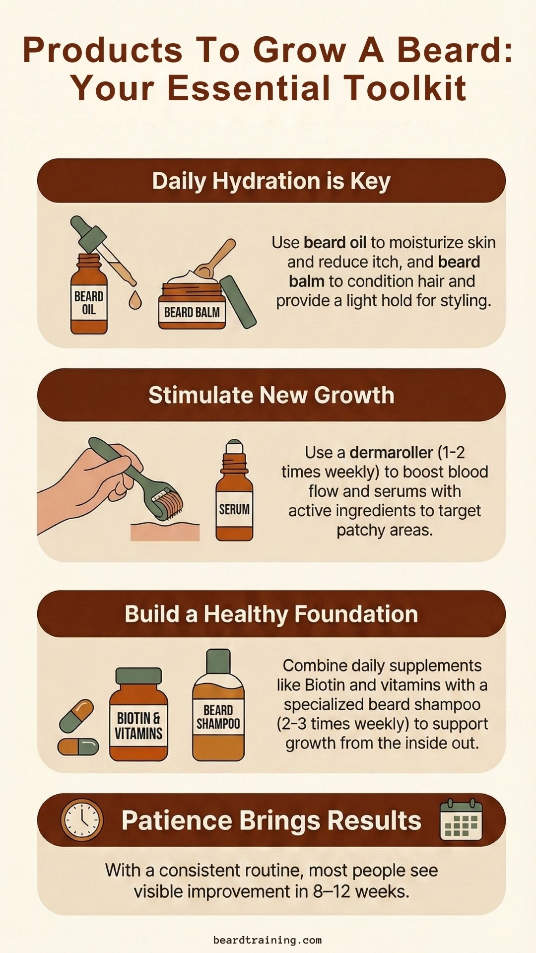 Infographic explaining essential products to grow a beard, including beard oil, beard balm, dermaroller, vitamins, beard shampoo, and tips for hydration, growth, and patience.