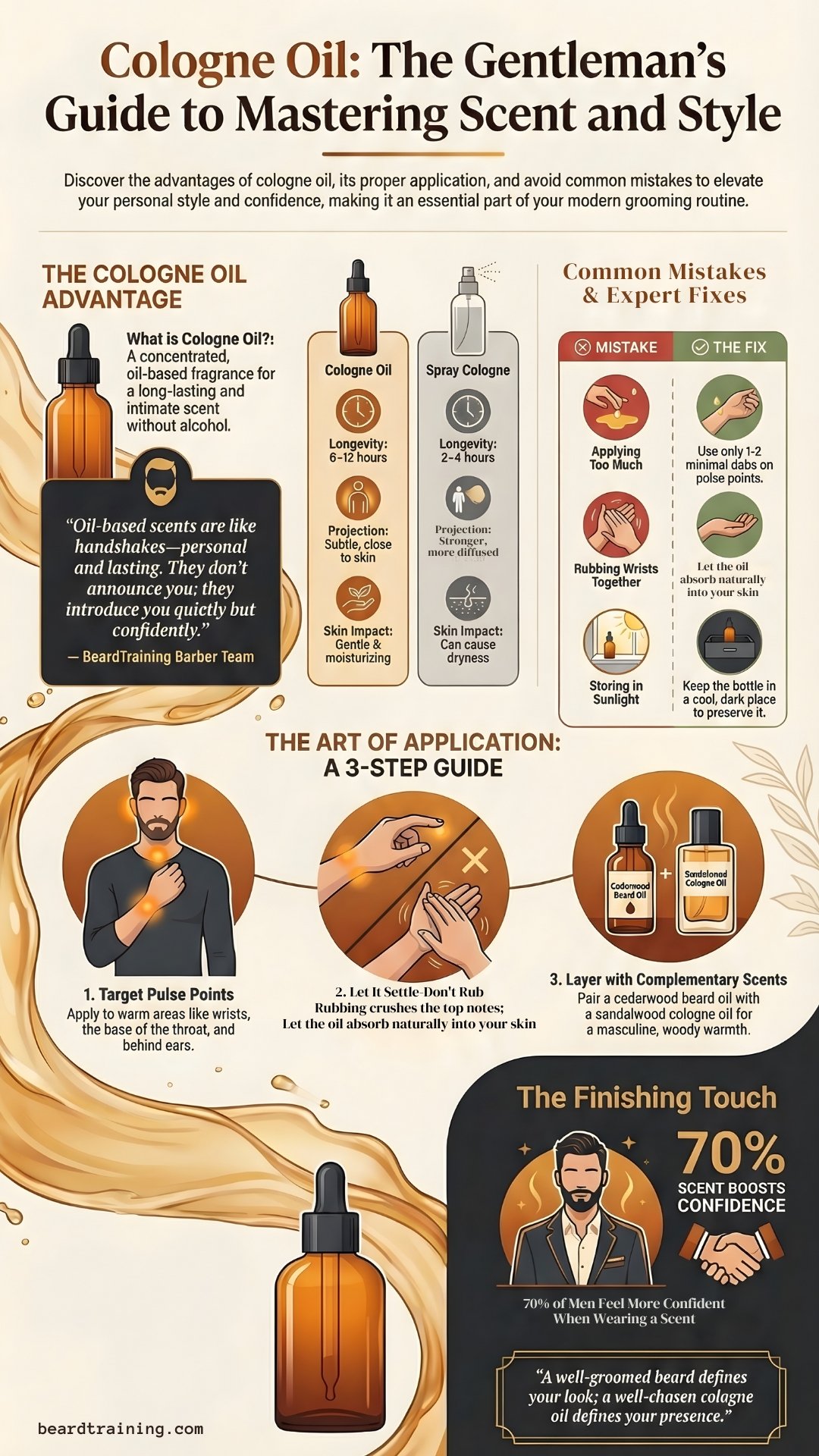 Cologne Oil infographic explaining what cologne oil is, how to apply it correctly, common mistakes to avoid, expert grooming tips, and why oil-based fragrances last longer and boost confidence.
