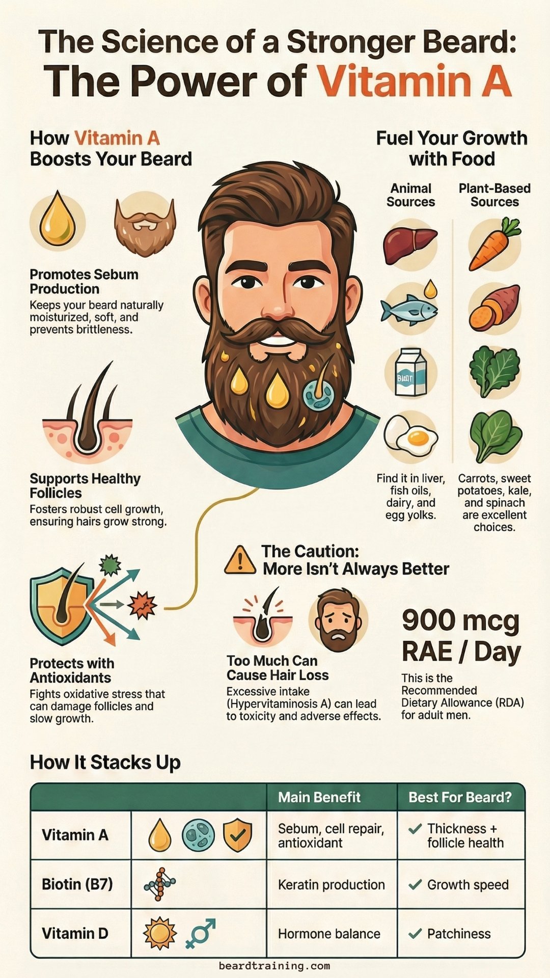 Infographic explaining how Vitamin A improves beard growth, supports healthy follicles, boosts sebum production, protects with antioxidants, ideal food sources, safe daily intake, and comparison with Biotin and Vitamin D.