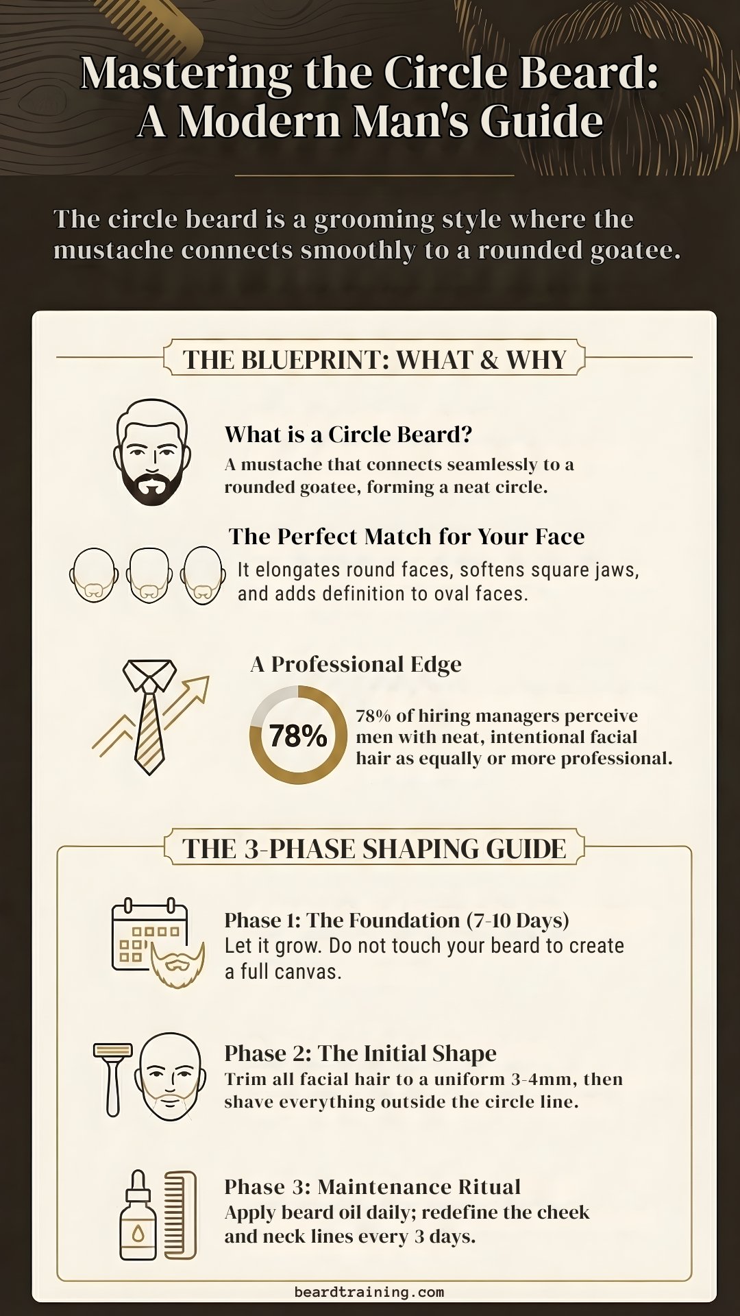 Infographic guide explaining what a circle beard is, who it suits best, and how to shape and maintain it using a 3-phase grooming routine for men.
