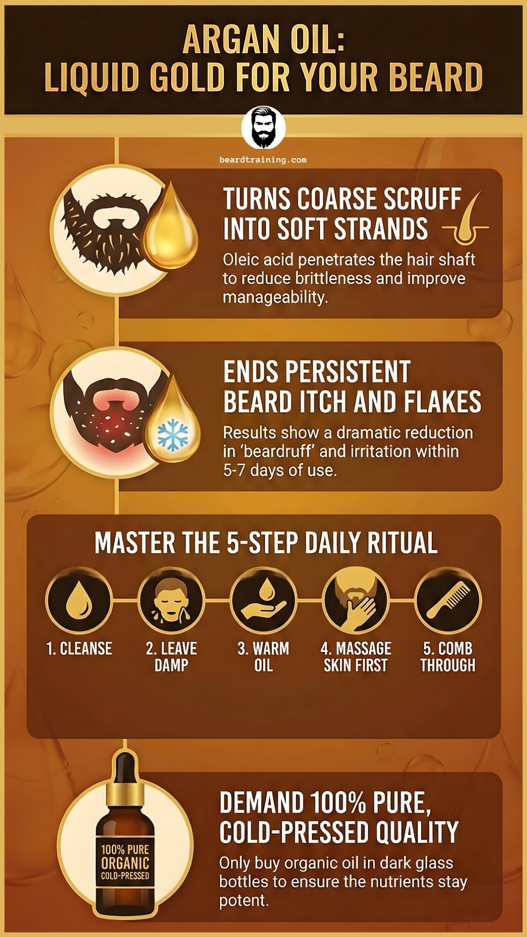 Infographic: Argan Oil Liquid Gold for Your Beard – Shows benefits like softening coarse hair and ending beard itch, plus a 5-step daily application ritual.