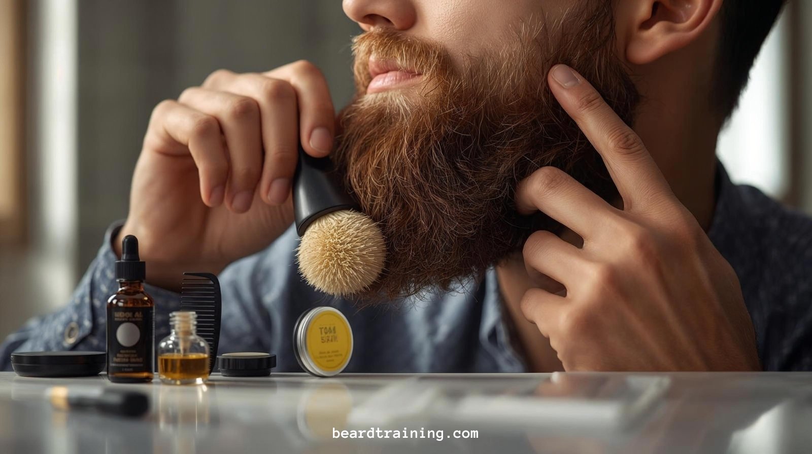 A man’s hands using a boar bristle brush to train and shape a thick, healthy beard, with grooming tools like beard oil and a comb visible.