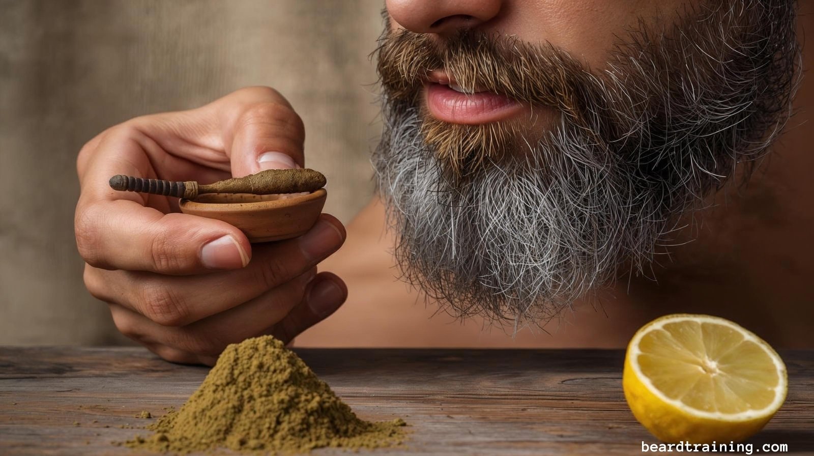 A man uses a brush to apply a paste of natural henna dye from a bowl to his gray beard for conditioning and color.