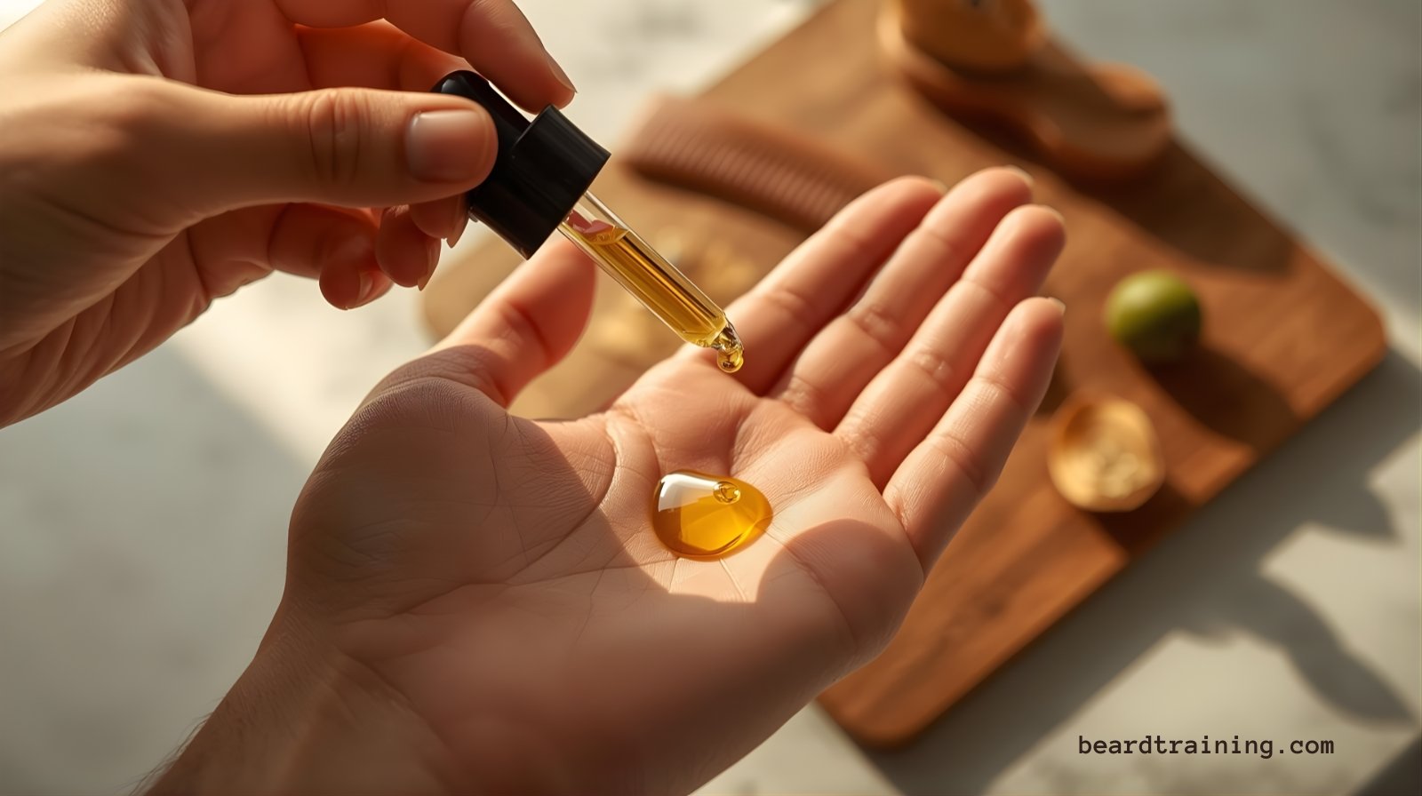 A close-up of a single drop of golden argan oil about to be applied to a man's beard from a glass dropper bottle, showcasing its pure texture.