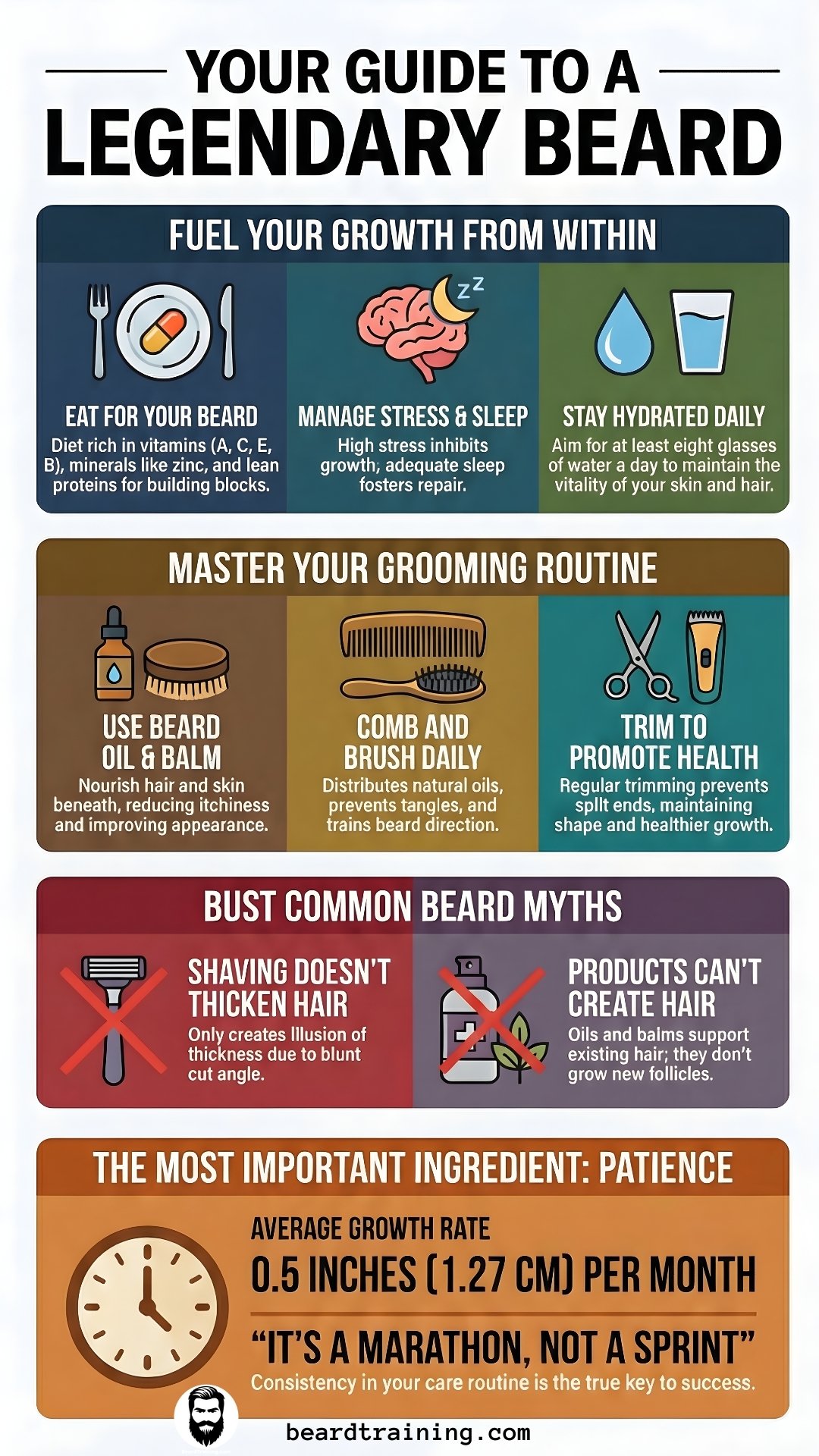 Infographic guide to legendary beard growth showing nutrition, hydration, grooming routine, beard oil use, trimming tips, common beard myths, and average beard growth rate per month.