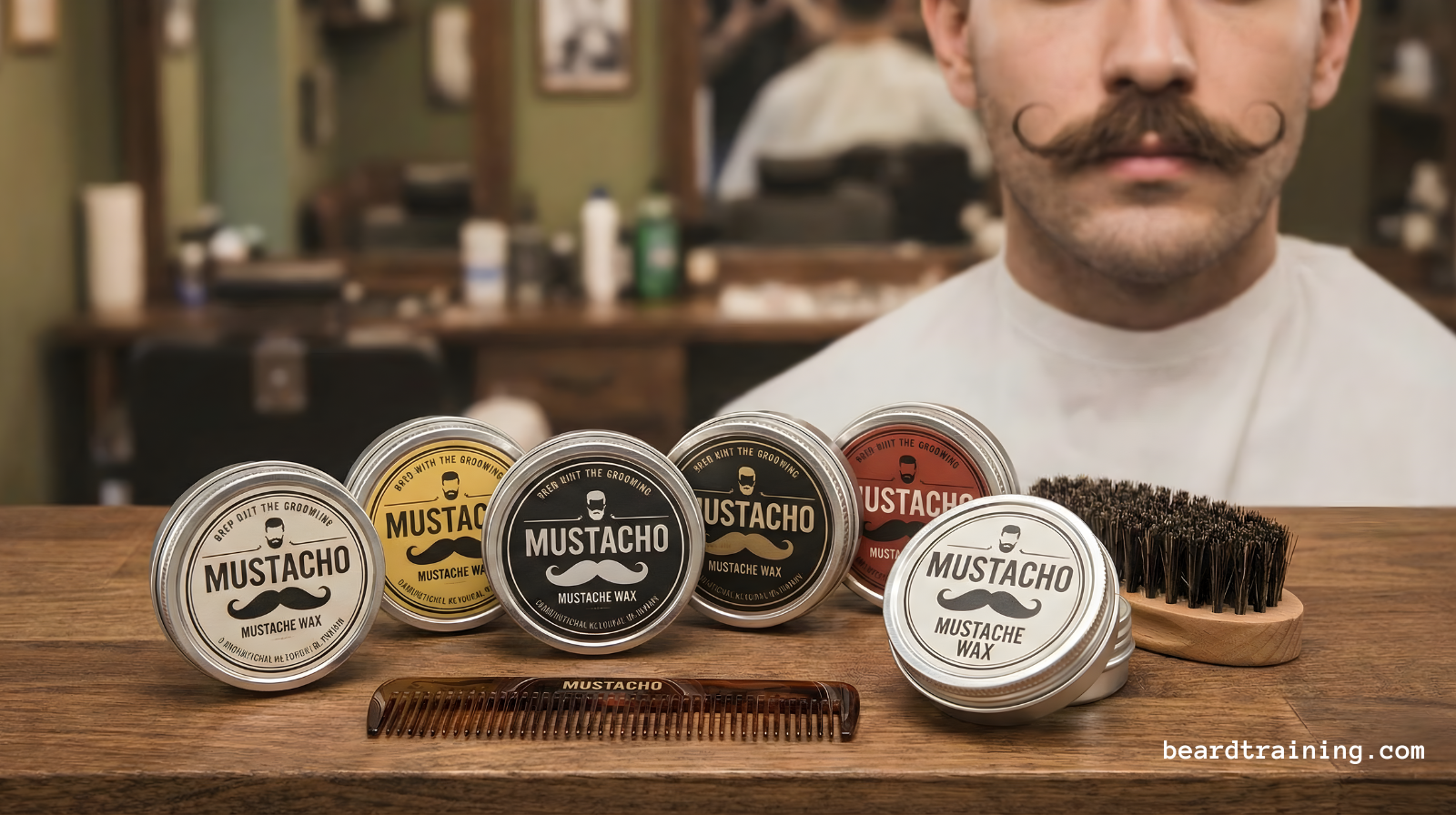 A collection of best rated mustache wax tins, a comb, and a brush on a wooden counter in a barbershop with a man with a handlebar mustache in the background.